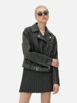 Casaco Estilo Motard Imitação Pele Desgastado