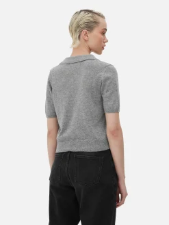 Top Manga Curta Colarinho Malha Fina