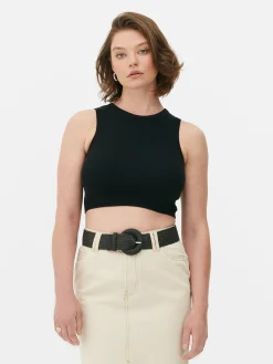 Top S/ Mangas Malha Canelada Decote Redondo