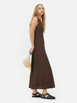 Vestido Comprido S/ Mangas Texturado Riscas