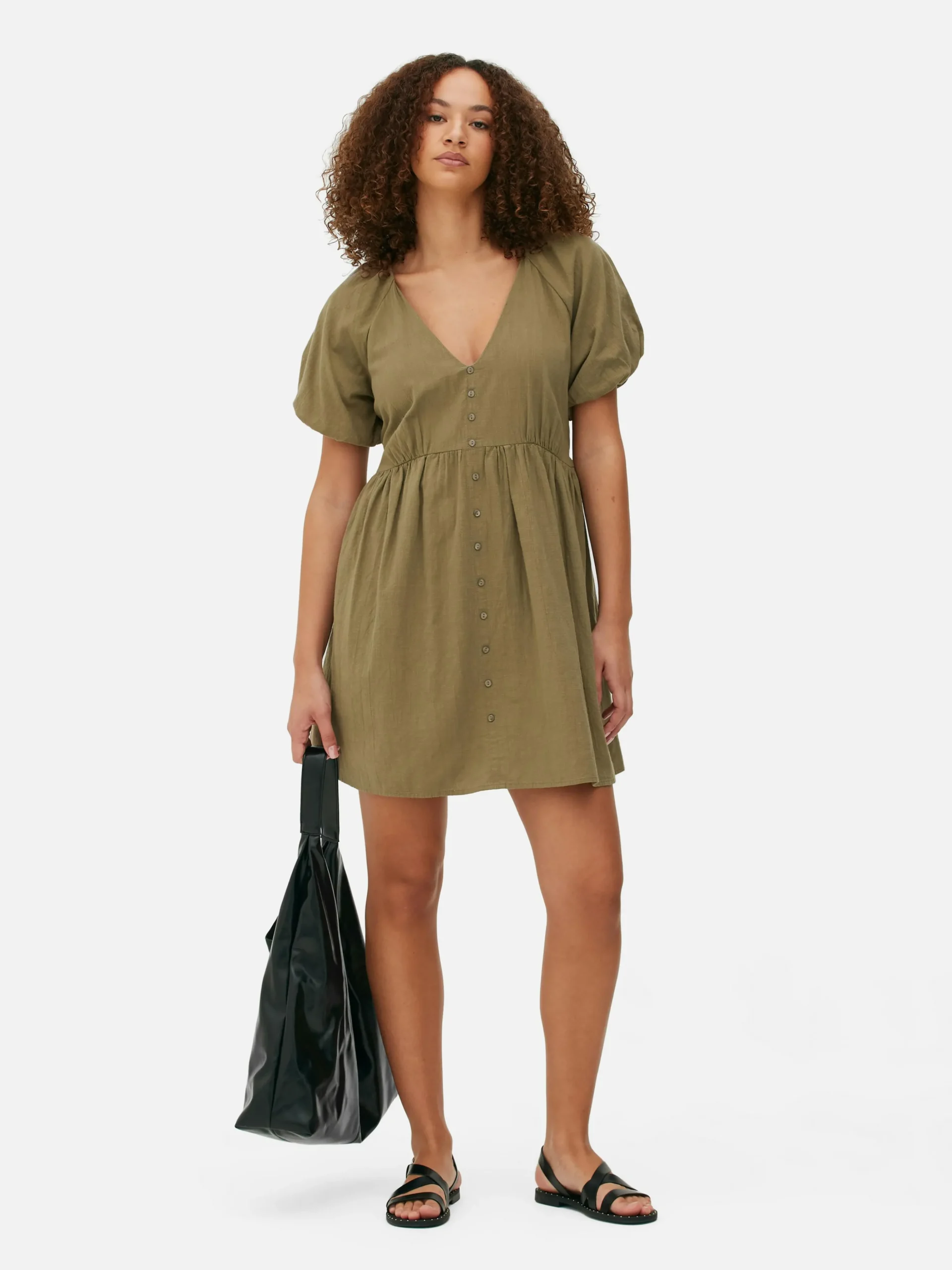 Vestido Franzido Manga Balão Decote V