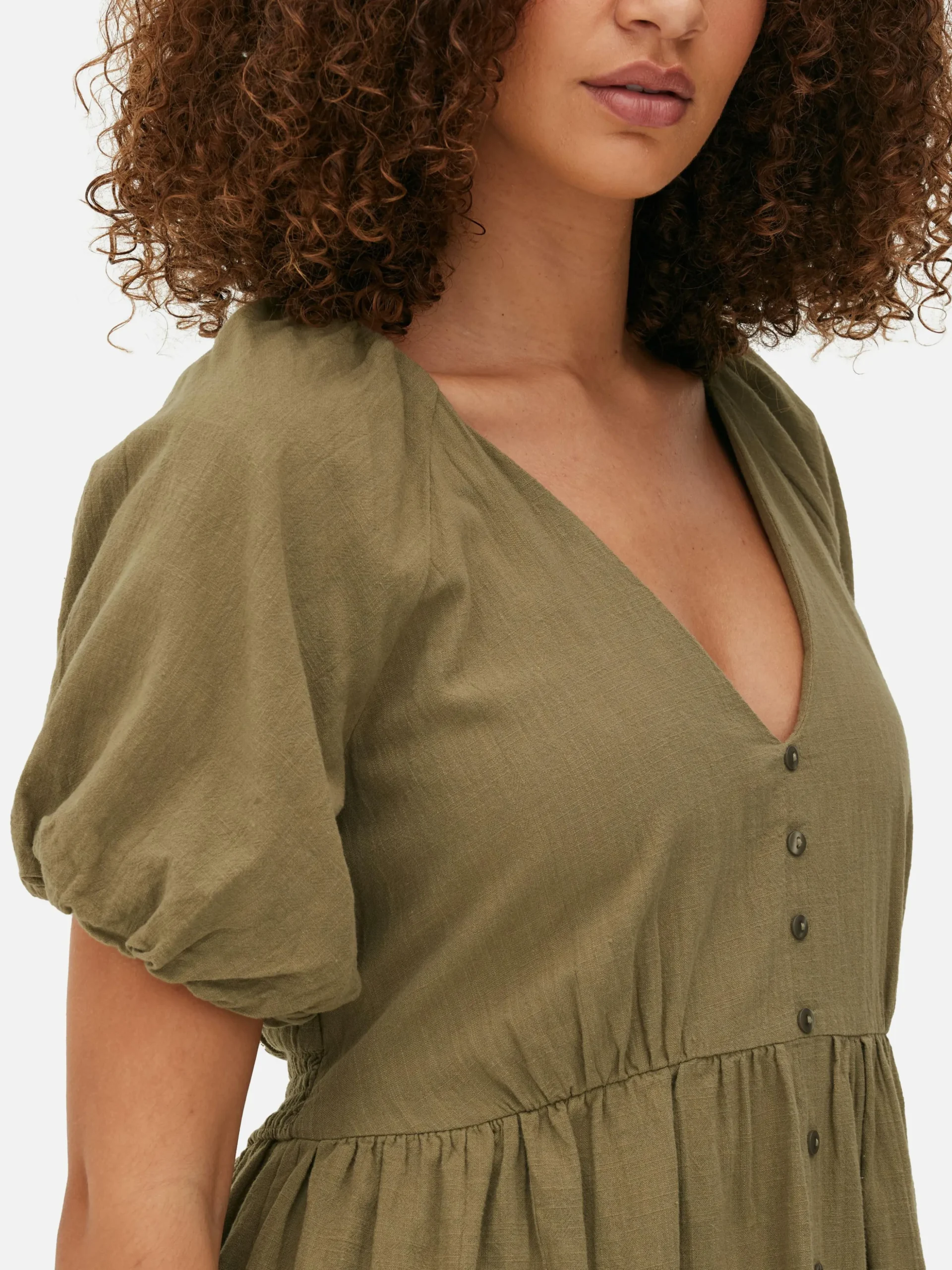 Vestido Franzido Manga Balão Decote V