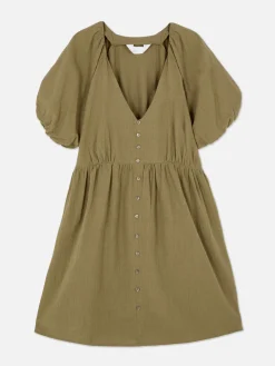 Vestido Franzido Manga Balão Decote V